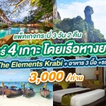 แพ็คเกจกระบี่ 3 วัน 2 คืน พักที่ โรงแรมThe Elements Krabi+ทัวร์ 4 เกาะ โดยเรือหางยาว+อาหาร 3 มื้อ+รถรับ-ส่ง, 2 ท่าน